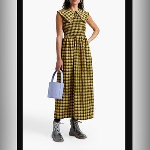 Ganni yellow checked collared midi dress